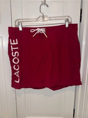 Lacoste Men's Deep Red Athletic Swim Shorts with Side Logo